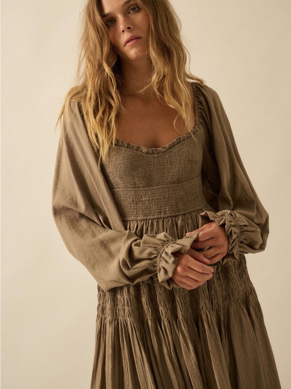 PROMESA Love Story Smocked Tonal-Stripe Midi Peasant Dress Small NWT - Picture 2 of 7